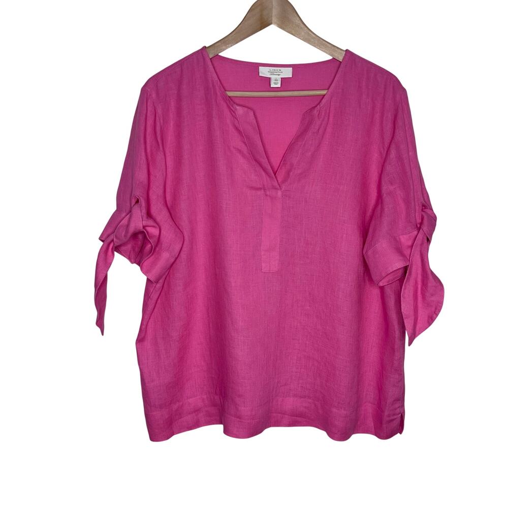 Charter Club Luxury Pink Linen Tie Sleeve Blouse Size Large Resort - Picture 2 of 9
